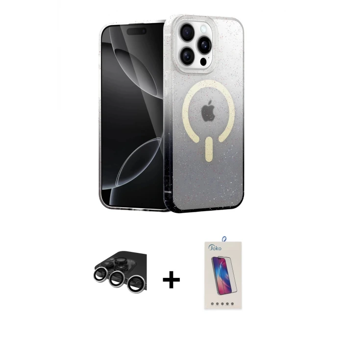 iPhone 14 Pro Max Kılıf Eksen Minimal Özel Seri - Siyah Joko 5D Cam + Raze Metal Kamera Lens - GS