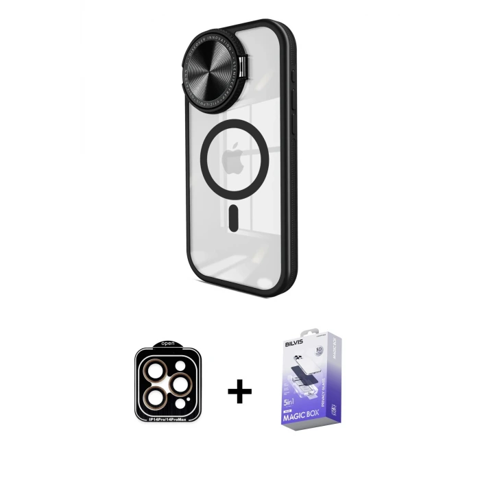 iPhone 14 Pro Max Kılıf Kıvılcım Modern Koleksiyonu - Siyah Bilvis 5in1 5D Magic Hayalet Cam Ekran Koruyucu + PVD Metal Kamera Lens - TU