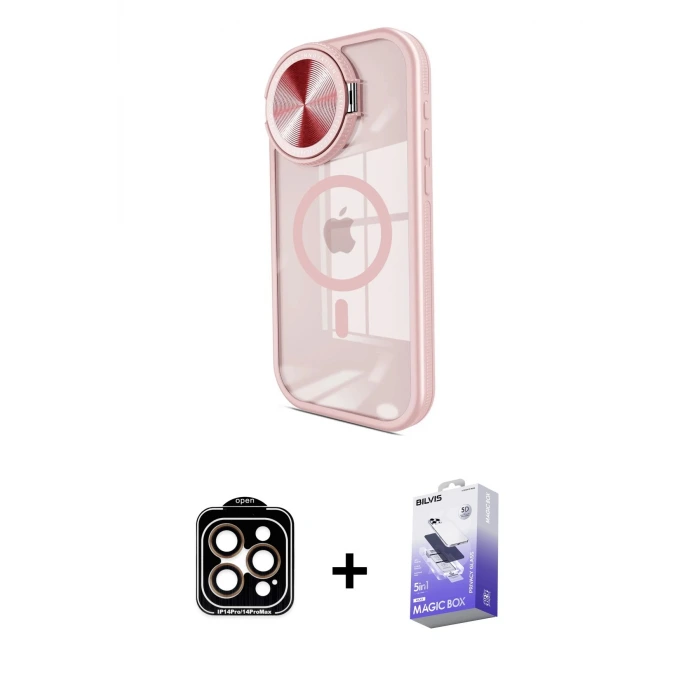 iPhone 14 Pro Max Kılıf Kıvılcım Modern Koleksiyonu - Siyah Bilvis 5in1 5D Magic Hayalet Cam Ekran Koruyucu + PVD Metal Kamera Lens - TU