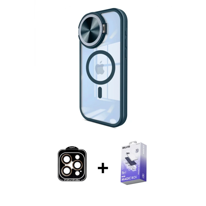 iPhone 14 Pro Max Kılıf Kıvılcım Modern Koleksiyonu - Siyah Bilvis 5in1 5D Magic Hayalet Cam Ekran Koruyucu + PVD Metal Kamera Lens - TU