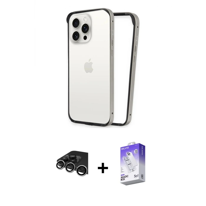 iPhone 14 Pro Max Kılıf Pusula Asil Koleksiyonu - Siyah Bilvis 5in1 3D Magic Cam Ekran Koruyucu + Raze Metal Kamera Lens - GS