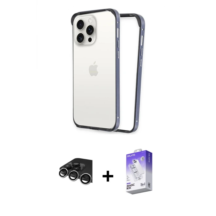iPhone 14 Pro Max Kılıf Pusula Asil Koleksiyonu - Siyah Bilvis 5in1 3D Magic Cam Ekran Koruyucu + Raze Metal Kamera Lens - GS