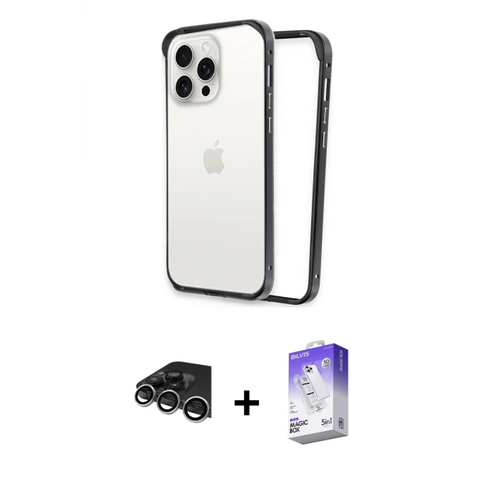 iPhone 14 Pro Max Kılıf Pusula Asil Koleksiyonu - Siyah Bilvis 5in1 3D Magic Cam Ekran Koruyucu + Raze Metal Kamera Lens - GS