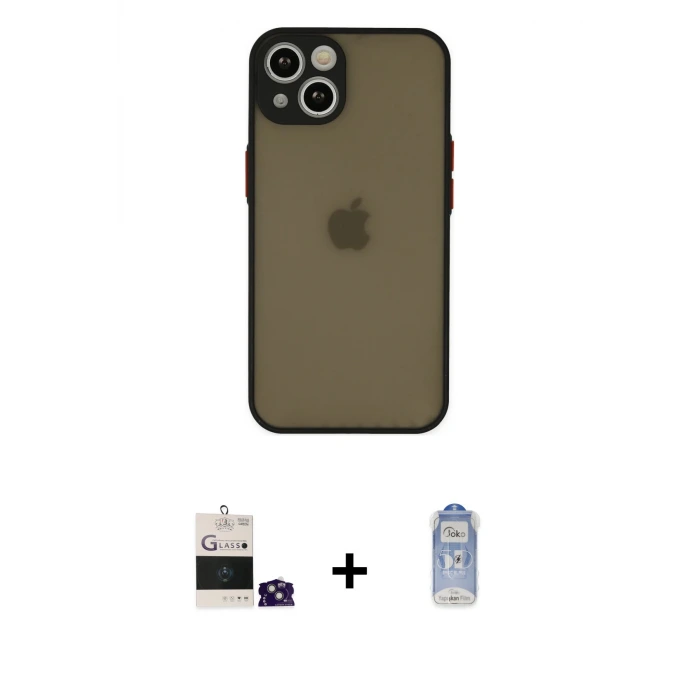 iPhone 15 Kılıf Ahenk Çizgi Serisi - Siyah Joko Magic 5D Cam + Bilvis Titan Kamera Lens - YL