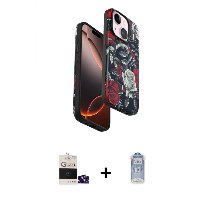 iPhone 15 Kılıf Siluet Doku - Siyah Joko Magic 5D Cam + Bilvis Titan Kamera Lens - SABE