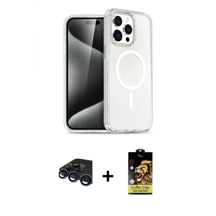 iPhone 15 Pro Kılıf Eksen Doku Koleksiyonu - Siyah Buffer Cam Ekran Koruyucu + Raze Metal Kamera Lens - LT