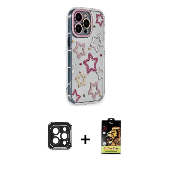 iPhone 15 Pro Max Kılıf Ahenk Modern Serisi - Siyah Buffer Cam Ekran Koruyucu + PVD Metal Kamera Lens - SH