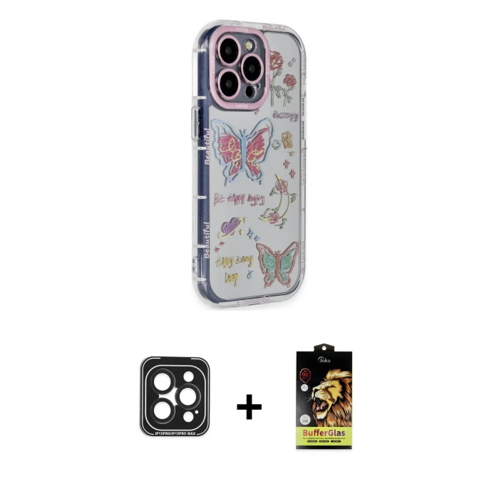 iPhone 15 Pro Max Kılıf Ahenk Modern Serisi - Siyah Buffer Cam Ekran Koruyucu + PVD Metal Kamera Lens - SH