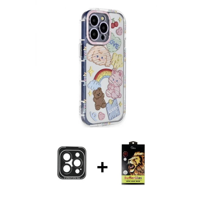 iPhone 15 Pro Max Kılıf Ahenk Modern Serisi - Siyah Buffer Cam Ekran Koruyucu + PVD Metal Kamera Lens - SH