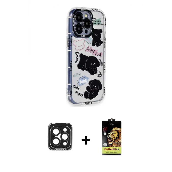 iPhone 15 Pro Max Kılıf Ahenk Modern Serisi - Siyah Buffer Cam Ekran Koruyucu + PVD Metal Kamera Lens - SH