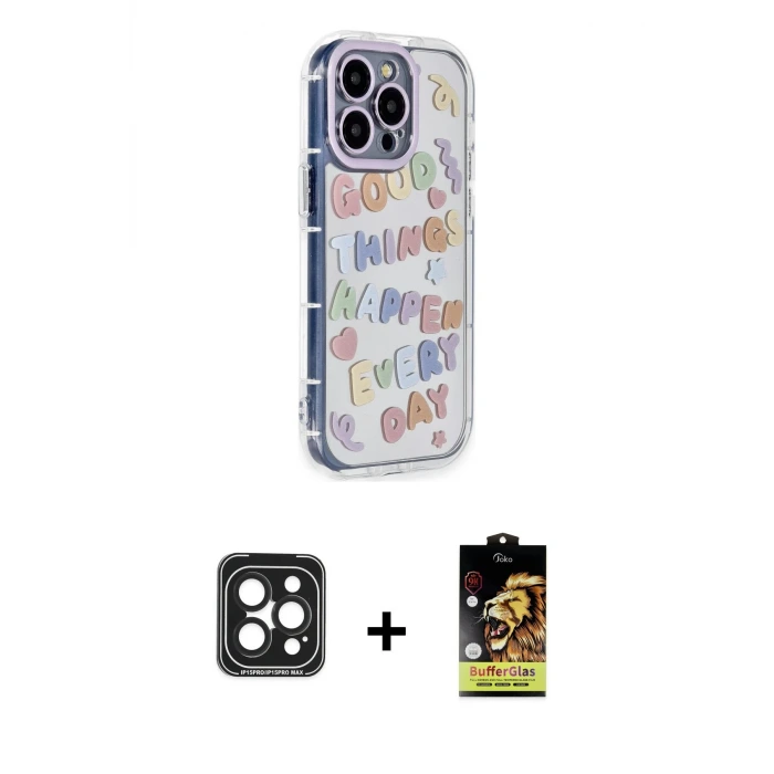 iPhone 15 Pro Max Kılıf Ahenk Modern Serisi - Siyah Buffer Cam Ekran Koruyucu + PVD Metal Kamera Lens - SH