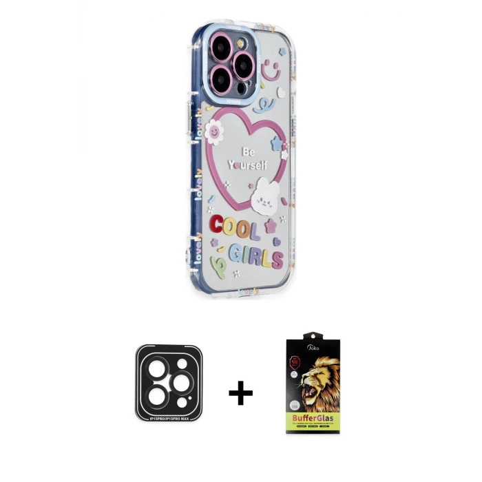 iPhone 15 Pro Max Kılıf Ahenk Modern Serisi - Siyah Buffer Cam Ekran Koruyucu + PVD Metal Kamera Lens - SH
