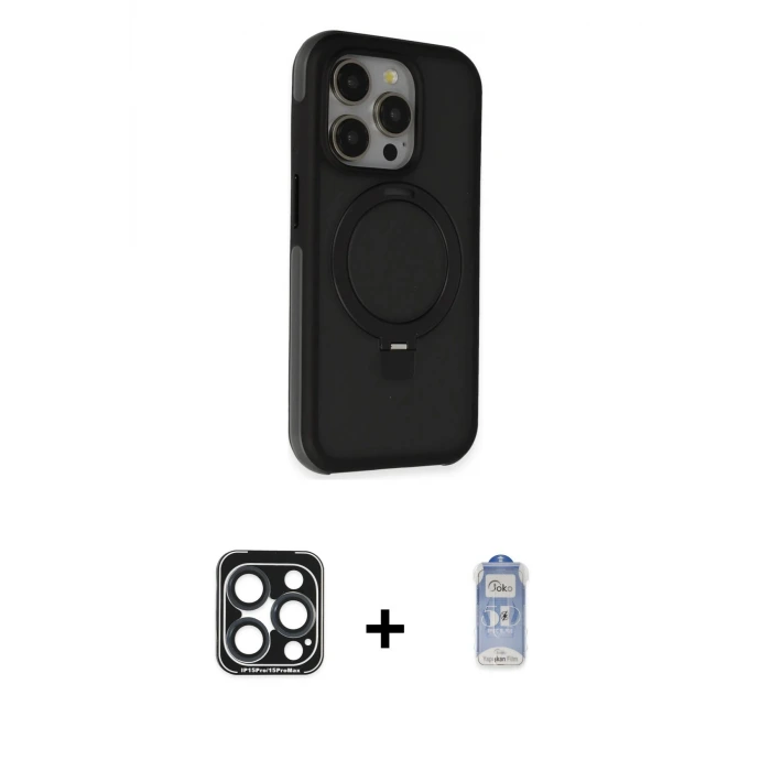 iPhone 15 Pro Max Kılıf Ahenk Yansıma Özel Seri - Siyah Joko Magic 5D Cam + PVD Metal Kamera Lens - LT