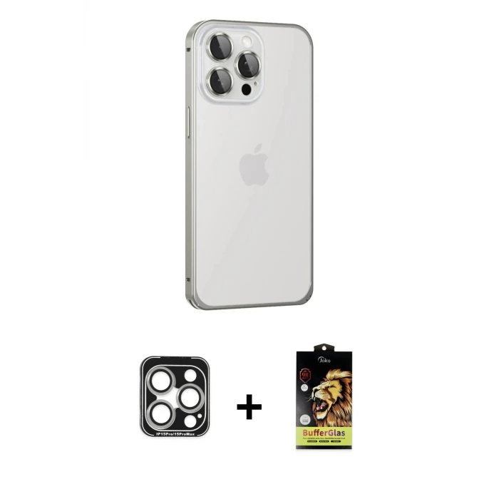 iPhone 15 Pro Max Kılıf Eksen Form Serisi - Siyah Buffer Cam Ekran Koruyucu + PVD Metal Kamera Lens - GS