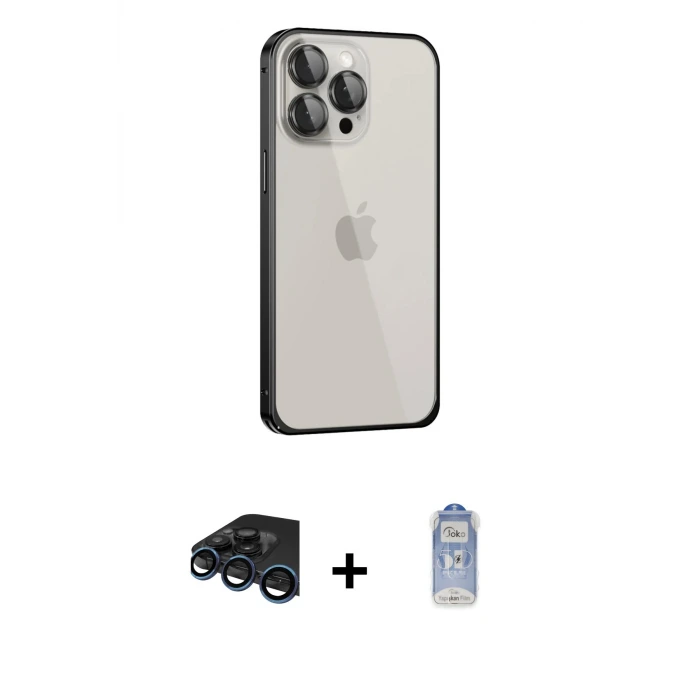 iPhone 15 Pro Max Kılıf Eksen Form Serisi - Siyah Joko Magic 5D Cam + Raze Metal Kamera Lens - LT