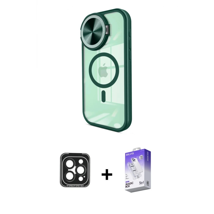 iPhone 15 Pro Max Kılıf Kıvılcım Modern Koleksiyonu - Siyah Bilvis 5in1 3D Magic Cam Ekran Koruyucu + PVD Metal Kamera Lens - SH