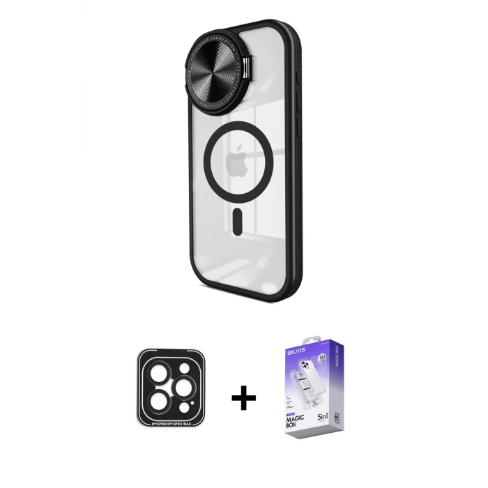 iPhone 15 Pro Max Kılıf Kıvılcım Modern Koleksiyonu - Siyah Bilvis 5in1 3D Magic Cam Ekran Koruyucu + PVD Metal Kamera Lens - SH