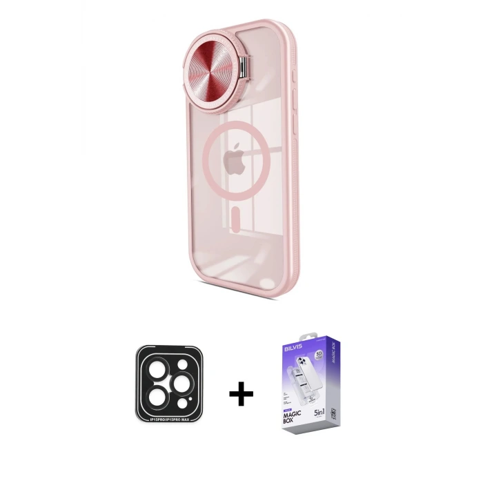 iPhone 15 Pro Max Kılıf Kıvılcım Modern Koleksiyonu - Siyah Bilvis 5in1 3D Magic Cam Ekran Koruyucu + PVD Metal Kamera Lens - SH