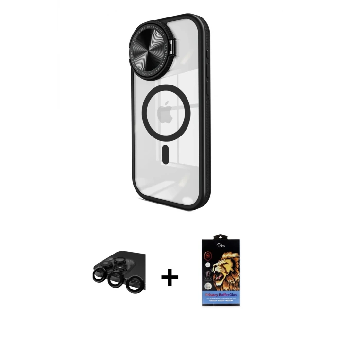 iPhone 15 Pro Max Kılıf Kıvılcım Modern Koleksiyonu - Siyah Buffer Hayalet Cam Ekran Koruyucu + Raze Metal Kamera Lens - SH
