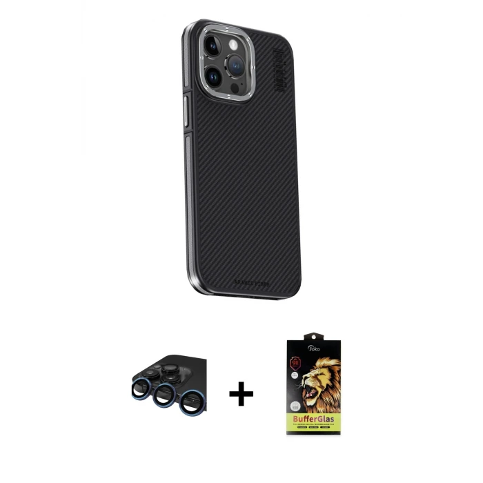 iPhone 15 Pro Max Kılıf Kıvılcım Modern Özel Seri - Siyah Buffer Cam Ekran Koruyucu + Raze Metal Kamera Lens - LT