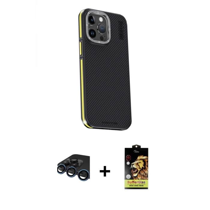 iPhone 15 Pro Max Kılıf Kıvılcım Modern Özel Seri - Siyah Buffer Cam Ekran Koruyucu + Raze Metal Kamera Lens - LT