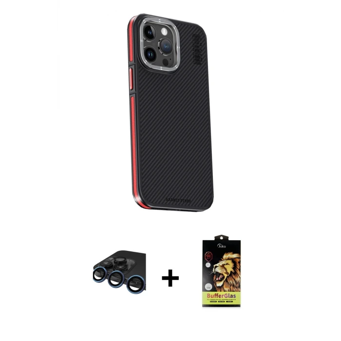 iPhone 15 Pro Max Kılıf Kıvılcım Modern Özel Seri - Siyah Buffer Cam Ekran Koruyucu + Raze Metal Kamera Lens - LT