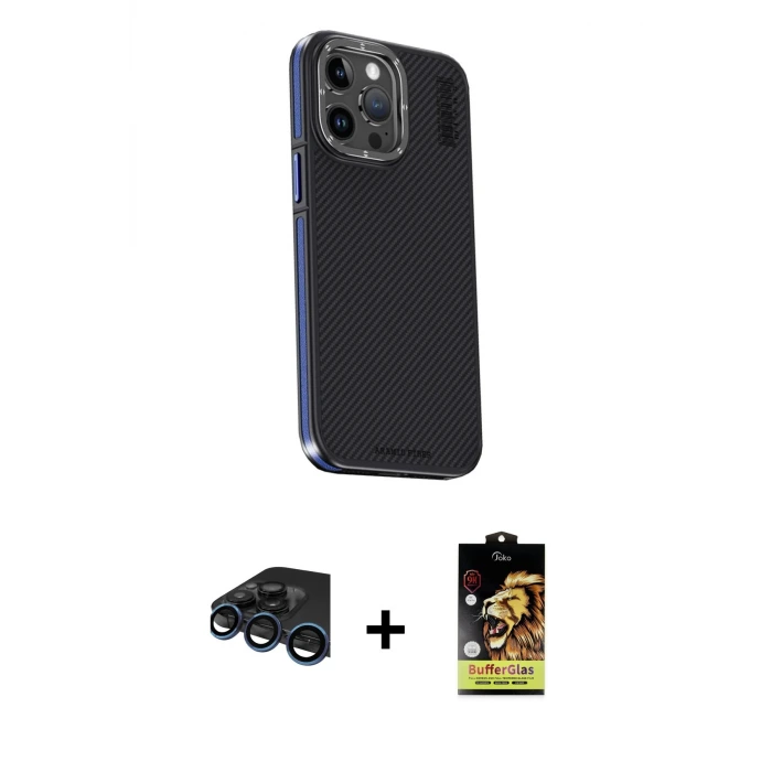 iPhone 15 Pro Max Kılıf Kıvılcım Modern Özel Seri - Siyah Buffer Cam Ekran Koruyucu + Raze Metal Kamera Lens - LT