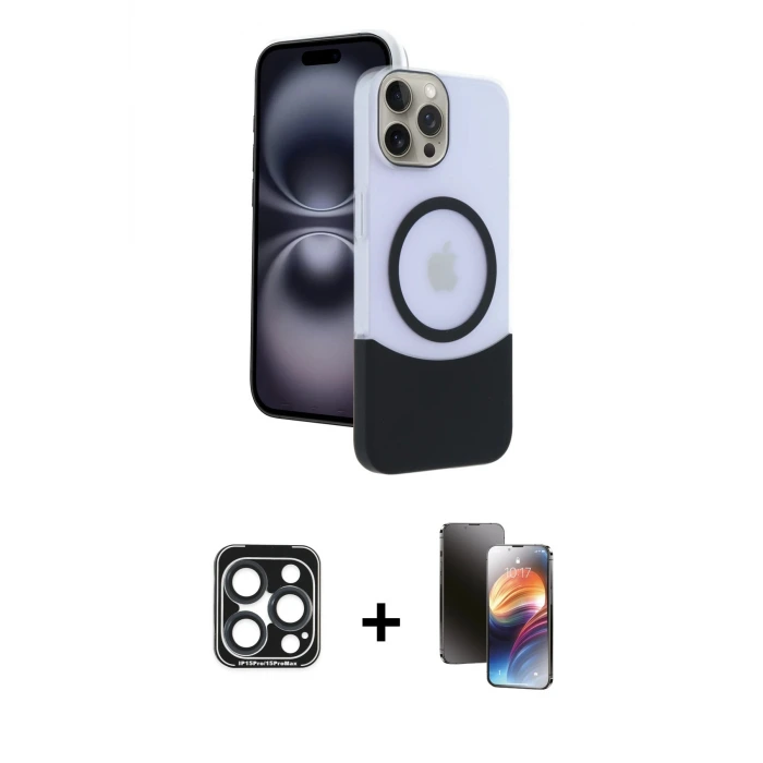 iPhone 15 Pro Max Kılıf Kozmos Form Özel Seri - Siyah 3D Antistatik Mat Seramik Nano Ekran Koruyucu + PVD Metal Kamera Lens - LT