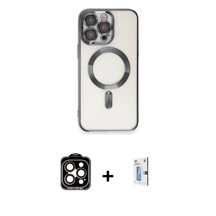 iPhone 15 Pro Max Kılıf Nova Işık Özel Seri - Siyah Bilvis 0.18mm Plus Cam Ekran Koruyucu + PVD Metal Kamera Lens - TU