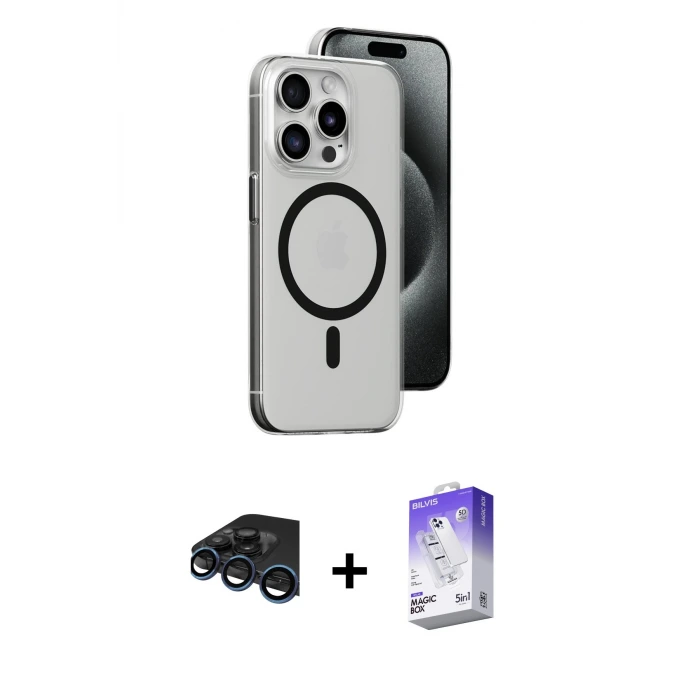 iPhone 15 Pro Max Kılıf Odak Form Özel Seri - Siyah Bilvis 5in1 3D Magic Cam Ekran Koruyucu + Raze Metal Kamera Lens - LT