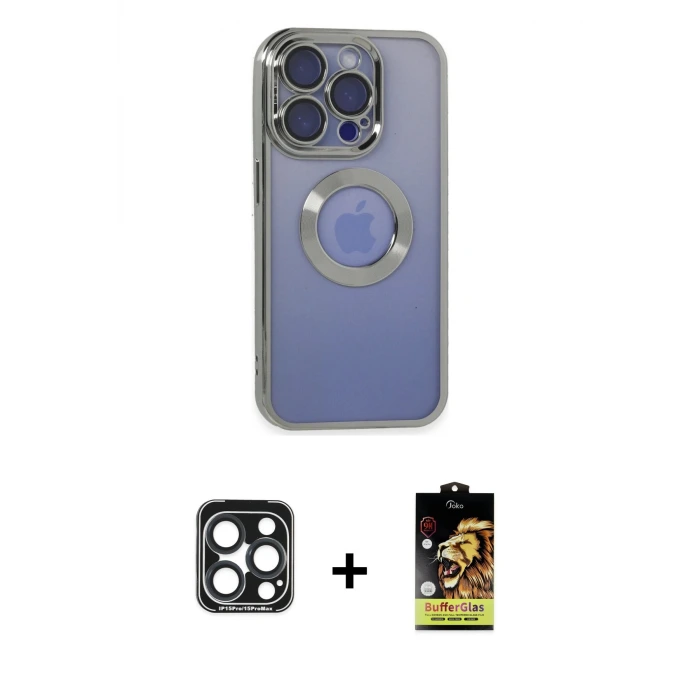 iPhone 15 Pro Max Kılıf Pusula Form - Siyah Buffer Cam Ekran Koruyucu + PVD Metal Kamera Lens - LT