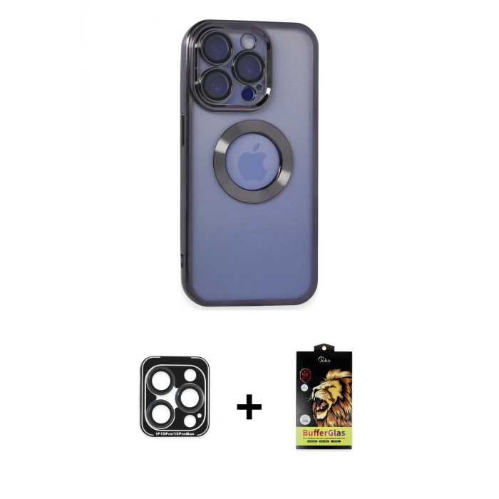 iPhone 15 Pro Max Kılıf Pusula Form - Siyah Buffer Cam Ekran Koruyucu + PVD Metal Kamera Lens - LT