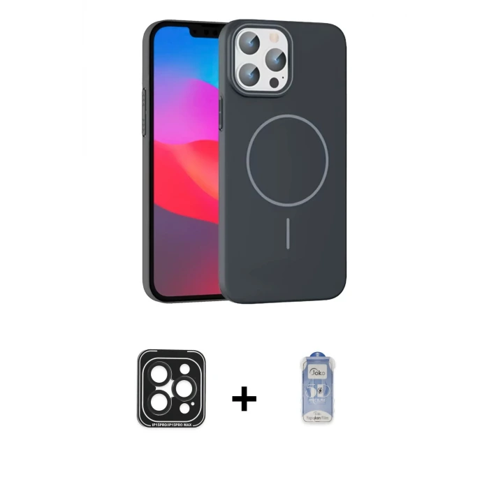 iPhone 15 Pro Max Kılıf Siluet Doku Özel Seri - Siyah Joko Magic 5D Cam + PVD Metal Kamera Lens - SH