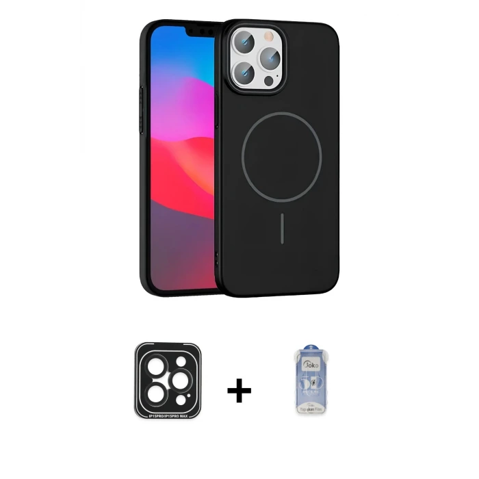 iPhone 15 Pro Max Kılıf Siluet Doku Özel Seri - Siyah Joko Magic 5D Cam + PVD Metal Kamera Lens - SH