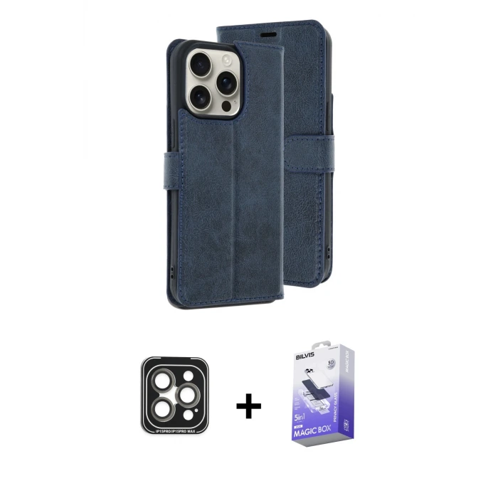 iPhone 15 Pro Max Kılıf Siluet Işık Serisi - Siyah Bilvis 5in1 5D Magic Hayalet Cam Ekran Koruyucu + PVD Metal Kamera Lens - GI
