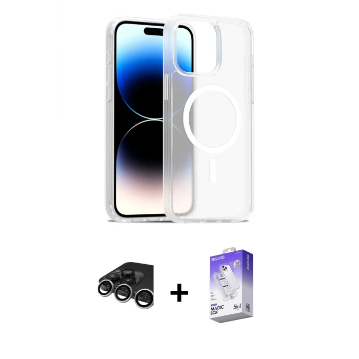iPhone 15 Pro Max Kılıf Siluet Minimal Prime - Siyah Bilvis 5in1 3D Magic Cam Ekran Koruyucu + Raze Metal Kamera Lens - GS