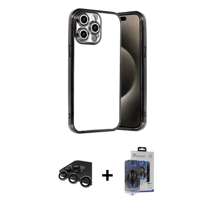iPhone 15 Pro Max Kılıf Vadi Minimal - Siyah Vanessa Magic Cam + Raze Metal Kamera Lens - TMGI