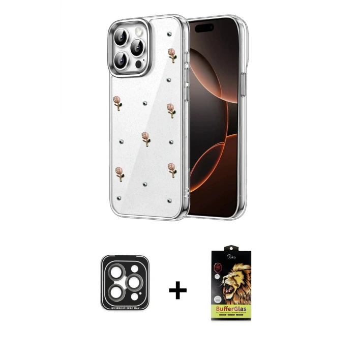 iPhone 15 Pro Max Kılıf Yörünge Form - Siyah Buffer Cam Ekran Koruyucu + PVD Metal Kamera Lens - GI