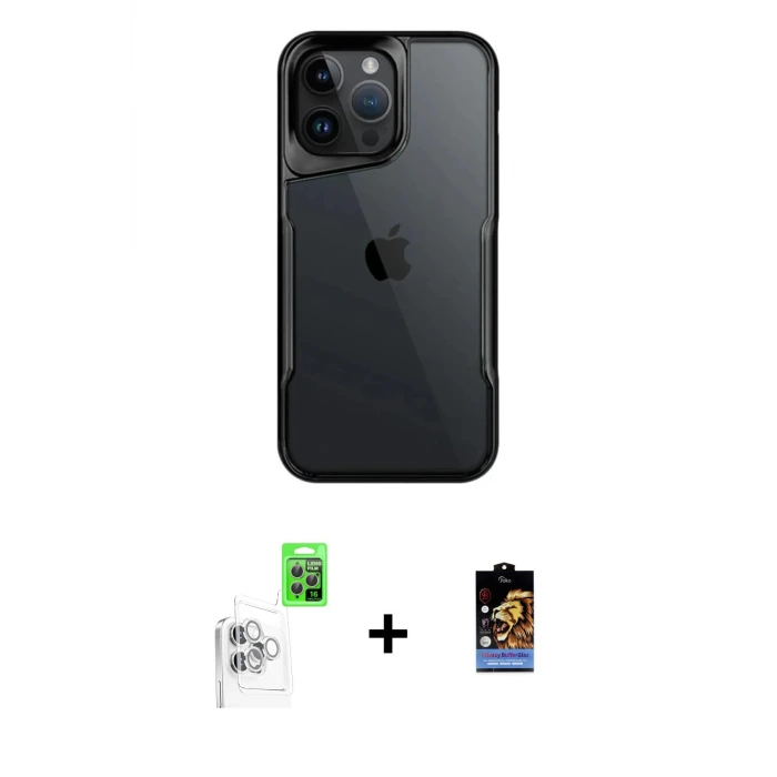 iPhone 16 Pro Kılıf Akış Çizgi Koleksiyonu - Siyah Buffer Hayalet Cam Ekran Koruyucu + Raze Metal Kamera Lens - BZ