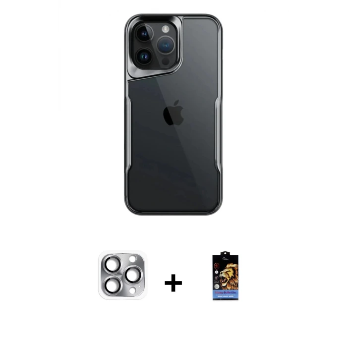 iPhone 16 Pro Max Kılıf Akış Çizgi Koleksiyonu - Siyah Buffer Hayalet Cam Ekran Koruyucu + Pers Alüminyum Kamera Lens - GI