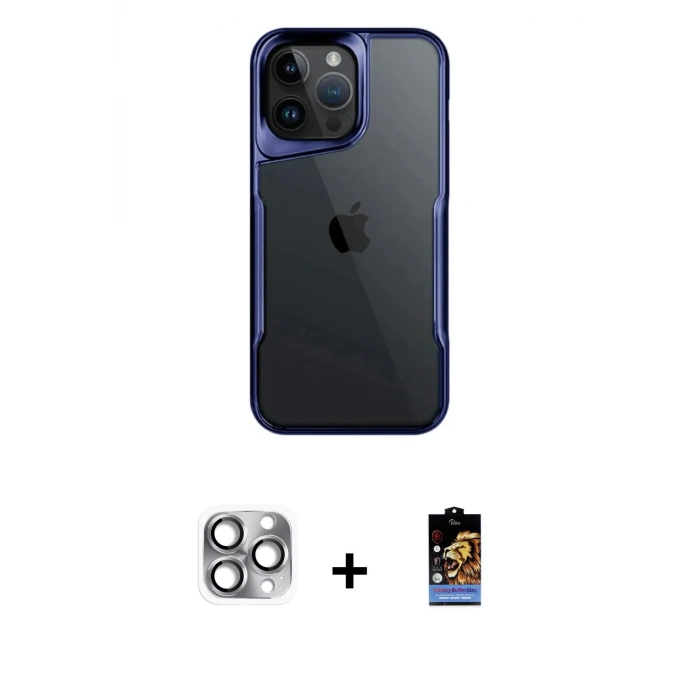 iPhone 16 Pro Max Kılıf Akış Çizgi Koleksiyonu - Siyah Buffer Hayalet Cam Ekran Koruyucu + Pers Alüminyum Kamera Lens - GI