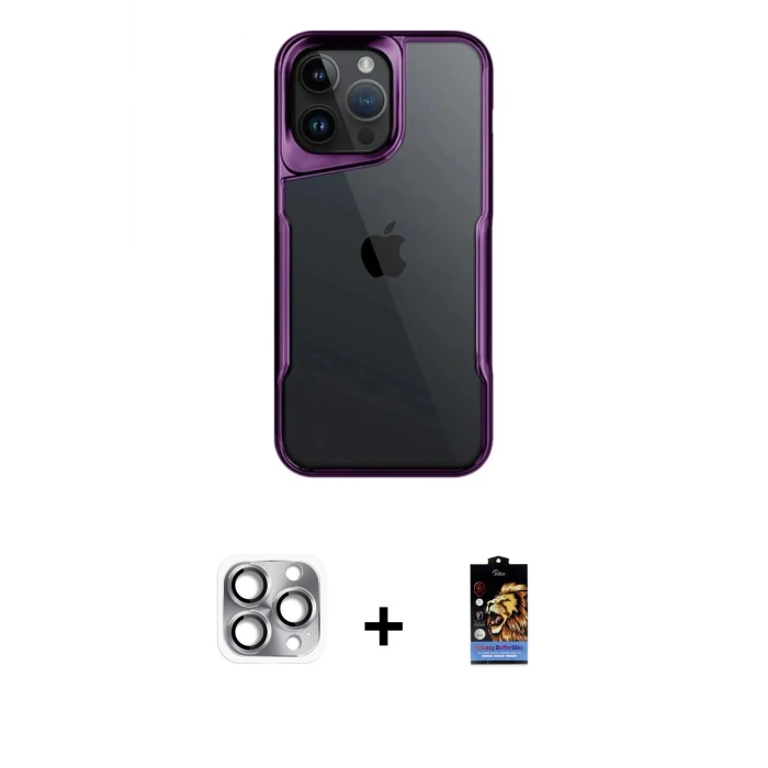 iPhone 16 Pro Max Kılıf Akış Çizgi Koleksiyonu - Siyah Buffer Hayalet Cam Ekran Koruyucu + Pers Alüminyum Kamera Lens - GI