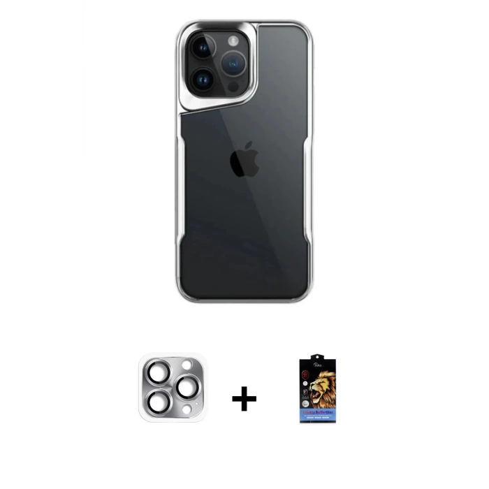 iPhone 16 Pro Max Kılıf Akış Çizgi Koleksiyonu - Siyah Buffer Hayalet Cam Ekran Koruyucu + Pers Alüminyum Kamera Lens - GI