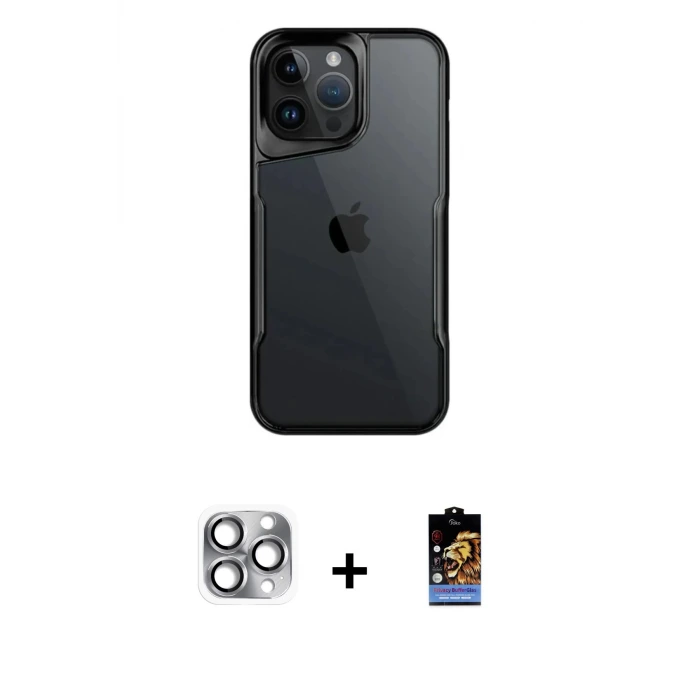 iPhone 16 Pro Max Kılıf Akış Çizgi Koleksiyonu - Siyah Buffer Hayalet Cam Ekran Koruyucu + Pers Alüminyum Kamera Lens - GI