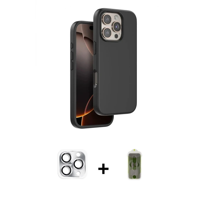iPhone 16 Pro Max Kılıf Kıvılcım Çizgi Serisi - Siyah Joko Magic 5D Hayalet Cam + Pers Alüminyum Kamera Lens - GS