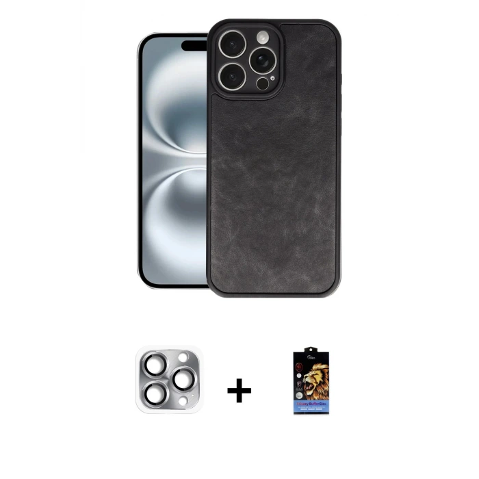 iPhone 16 Pro Max Kılıf Kıvılcım Işık Serisi - Siyah Buffer Hayalet Cam Ekran Koruyucu + Pers Alüminyum Kamera Lens - GI