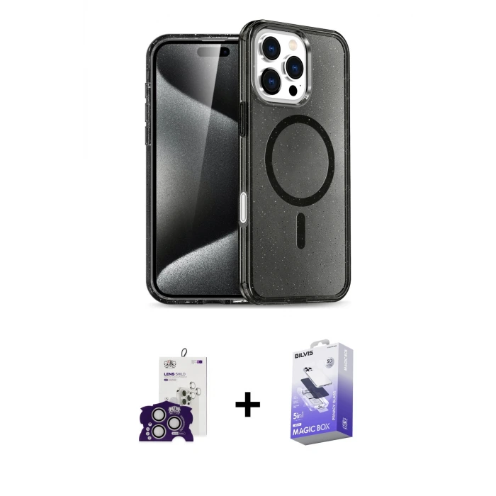 iPhone 16 Pro Max Kılıf Nova Asil Prime - Siyah Bilvis 5in1 5D Magic Hayalet Cam Ekran Koruyucu + Bilvis Titan Kamera Lens - GS
