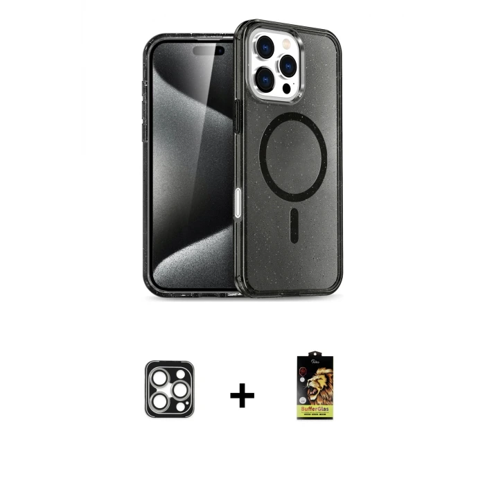 iPhone 16 Pro Max Kılıf Nova Asil Prime - Siyah Buffer Cam Ekran Koruyucu + PVD Metal Kamera Lens - GS