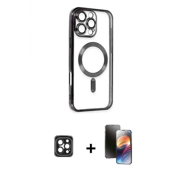 iPhone 16 Pro Max Kılıf Nova Işık Özel Seri - Siyah 3D Antistatik Mat Seramik Nano Ekran Koruyucu + PVD Metal Kamera Lens - SH