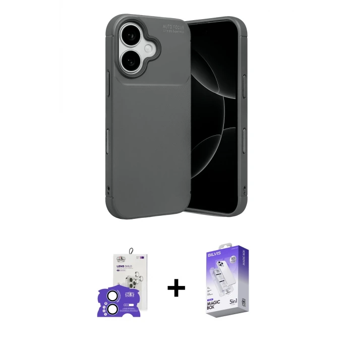 iPhone 17 Kılıf Eksen Form Prime - Siyah Bilvis 5in1 3D Magic Cam Ekran Koruyucu + Bilvis Titan Kamera Lens - AKMI